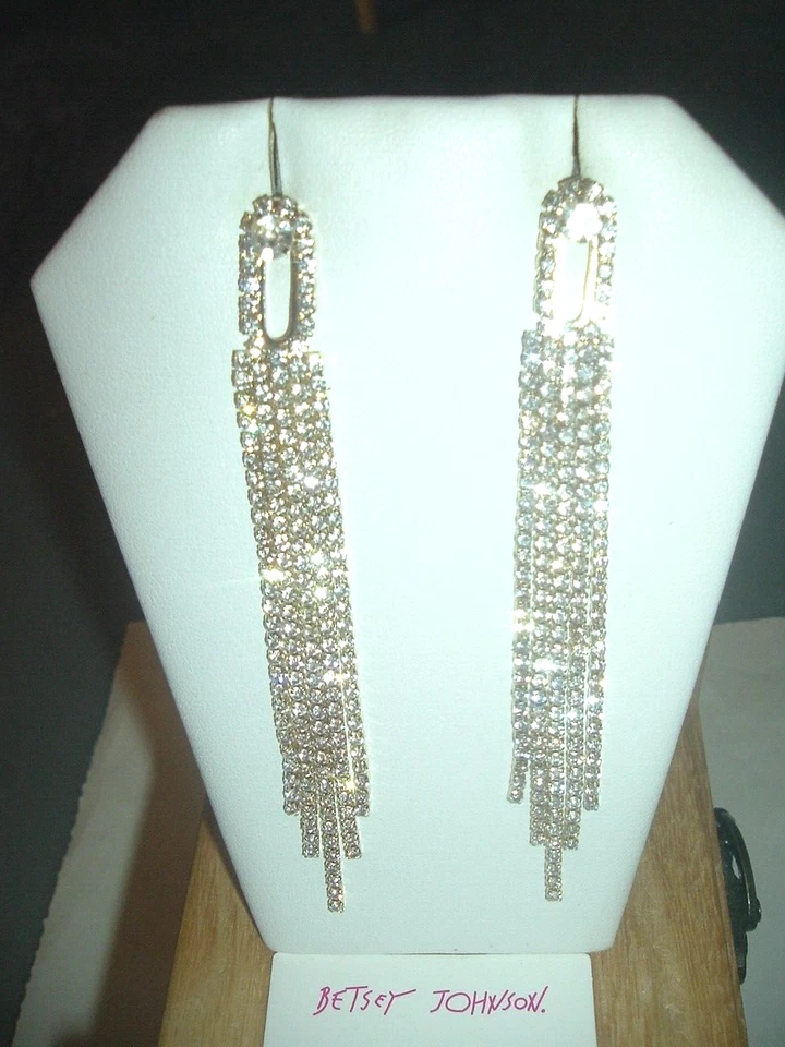 Pave CRYSTAL Open Posts LONG RHINESTONE CHAINS Betsey Johnson Pierced EARRINGS - Image 4 of 4