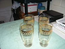 Set 4 Mid Century Heavy Knob Bottom Gold Etched Leaf Tumblers Mad Men Roly Poly