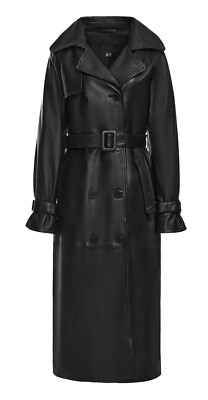 Women's Black Real Leather Long Trench Coat Belted Double-Breasted Winter