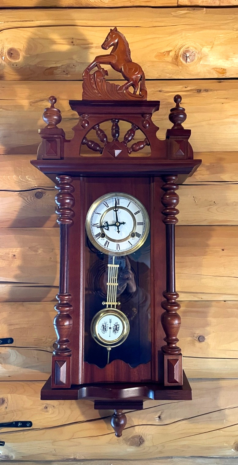 Vintage R&A Regulator Wall Clock - Horse Western Walnut Wood - Chimes Keeps Time
