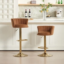 Set of 2 Velvet Swivel Bar Stools Adjustable Height with Golden Leg and Footrest