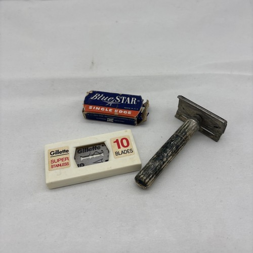 Rasoio di sicurezza vintage anni '30 Gillette 3 pezzi Heavy Tech DE con lame antico