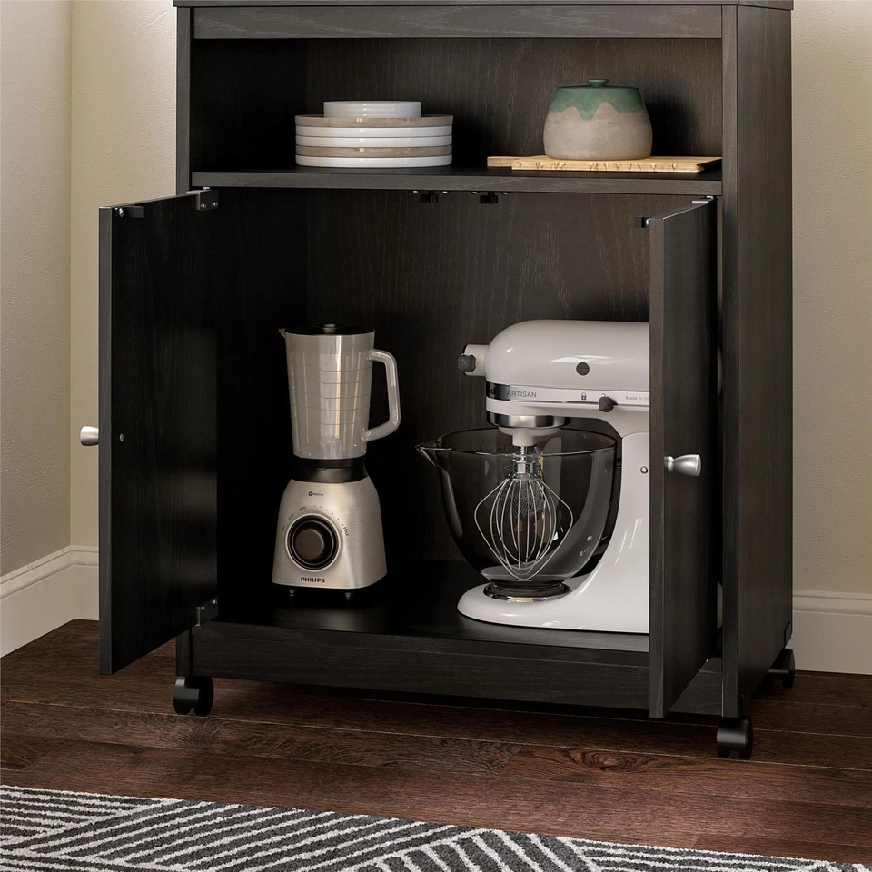 Home Microwave Cart Rolling Kitchen Cart Storage Cabinet with Doors Black Oak US - Image 2 of 4