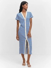 Mango Blue White Striped Short Sleeve Button-Up Knit Midi Dress 6 Nautical