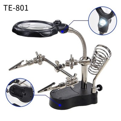 3-Hand Soldering Iron Stand Magnifying Glass LED Alligator Clip Holder Repair To