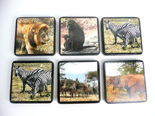 Safari Coaster Set of 6 Black Bottoms Heavy Lion Monkey Zebra Giraffes Elephants