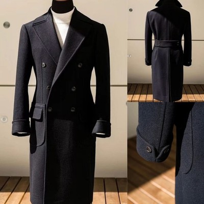 Men's Black Overcoat Long Jacket Wool Blend Double Breasted Peak Lapel Warm Wear