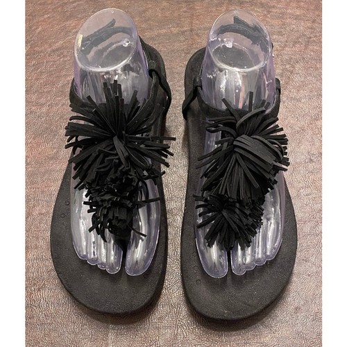 Vionic Womens 9 Black Suede Fringe Sandals Comfort Orthotic T-Strap Walking Shoe