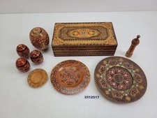 Teller, Eier, Etui Brandmalerei handgemalt 70er Jahre Deko Holz #2512517