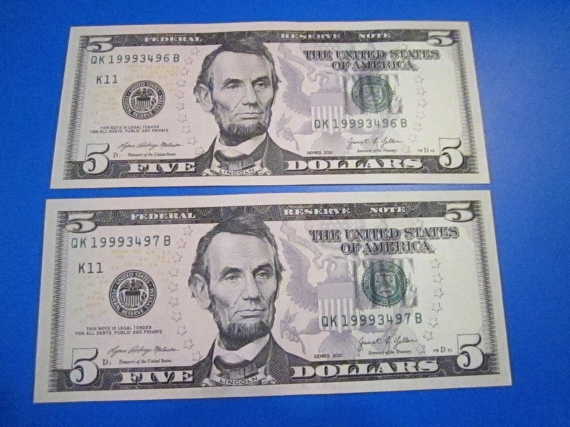 Fancy Serial Number (2) Crisp $5 Bills "1999" Anniversary/Birthday  Consecutive