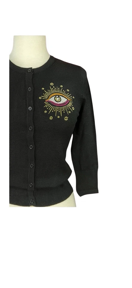 Cárdigan Abotonado Hecho en Travesas Terminará en Lágrimas Tercer Ojo Pin Up Negro L Nuevo Foto 4 de 4