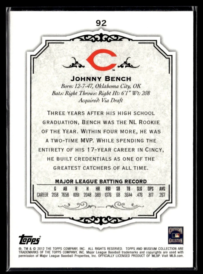 2012 Topps Museum Green Johnny Bench /199 Cincinnati Reds #92 - Image 2 of 2