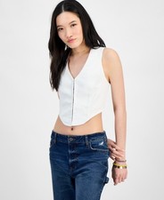 Madden Girl Denim Hook-Front Corset Top Juniors' XS White V-Neck Sleeveless