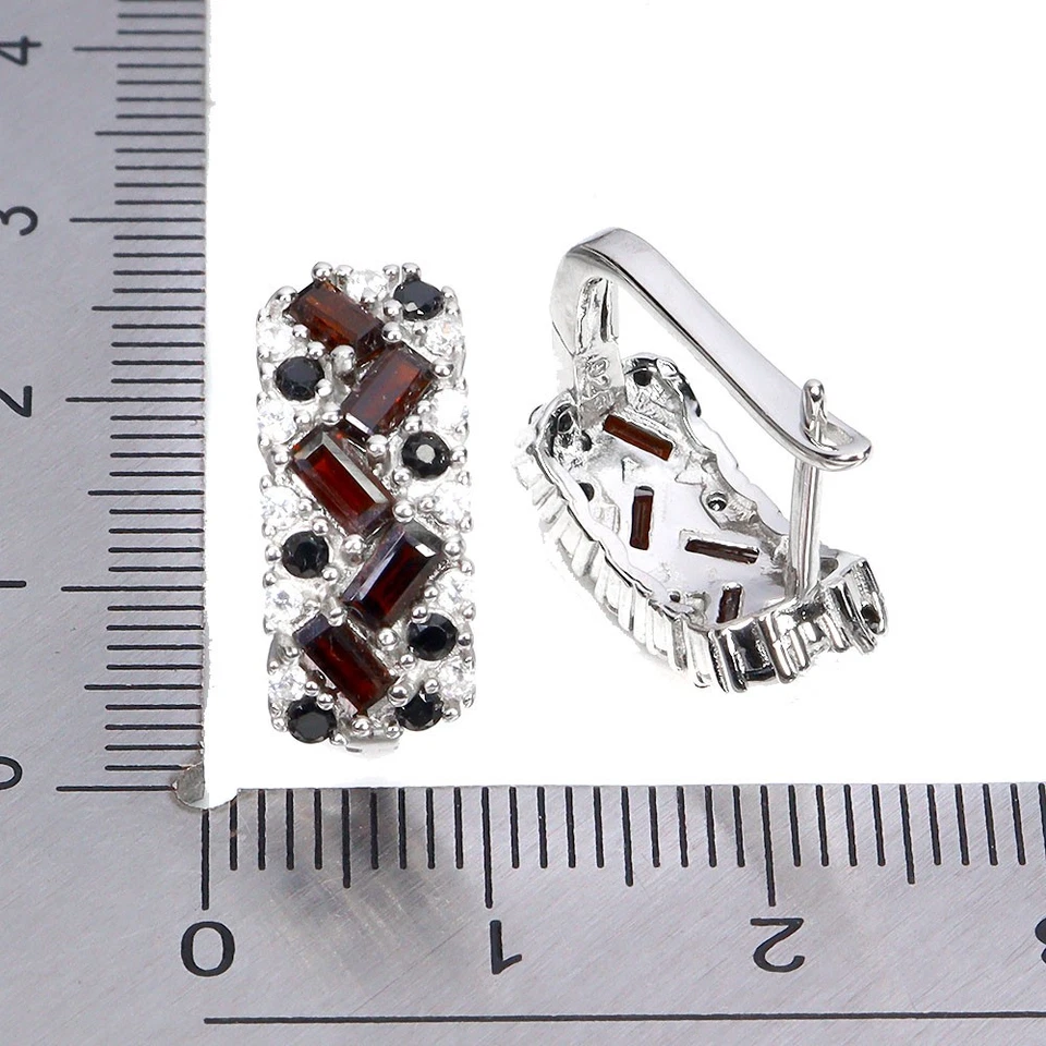 925 Orecchini Argento Sterling Baguette Mozambico Granato Spinello Gemma Jewelry - Immagine 3 di 4