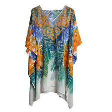 Colorful Embellished Women's Sheer Kaftan One Size White Orange Blue Green Flora