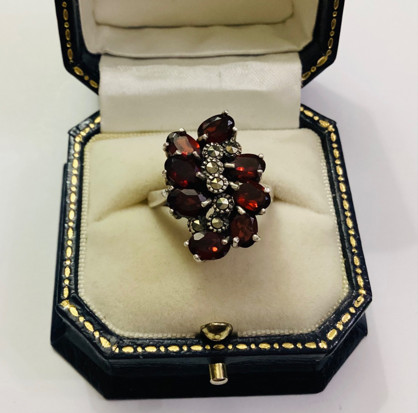 Garnet Solid Silver Marcasite Multi-stone Ring Mo… - image 1