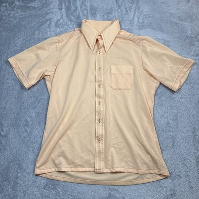 Vintage Hudsons Button Shirt Men Large 16-16.5 Orange Textured Sheer Dagger 70s