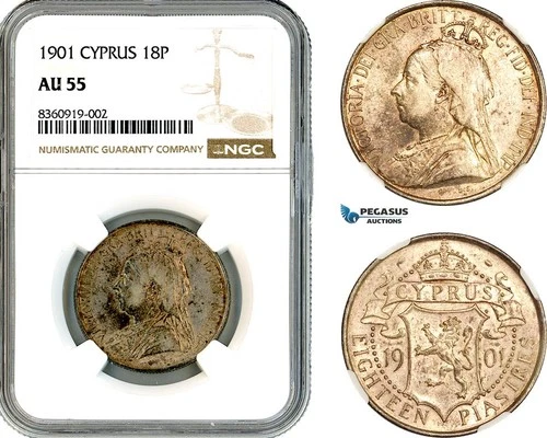 A11-144, Cyprus, British Colony, Victoria, 18 Piastres 1901, NGC AU55