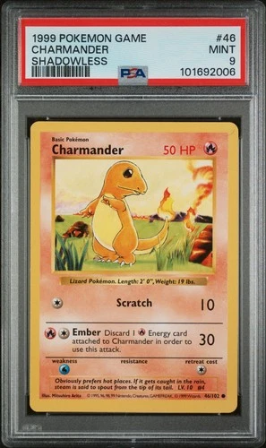 1999 Pokémon Base Set WOTC - Charmander #46/102 Shadowless - PSA 9 MINT
