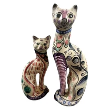 Set of Vintage hand-painted Tonala Mexican Folk Art Cat Figurines S.Cooper 2000