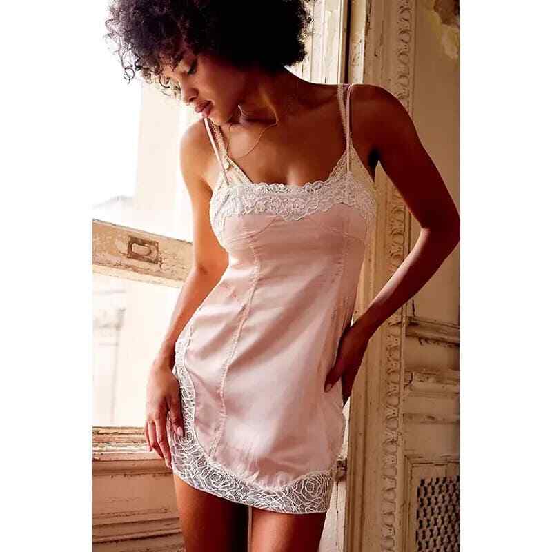 Free People Aries Pink Satin Lace Slip Dress - Size Small - Pre-Owned