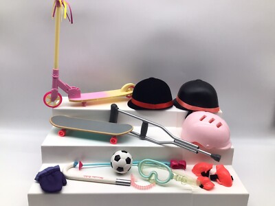 Our Generation American Girl Sports Lot Scooter Skateboard Snorkel Helmet Ball