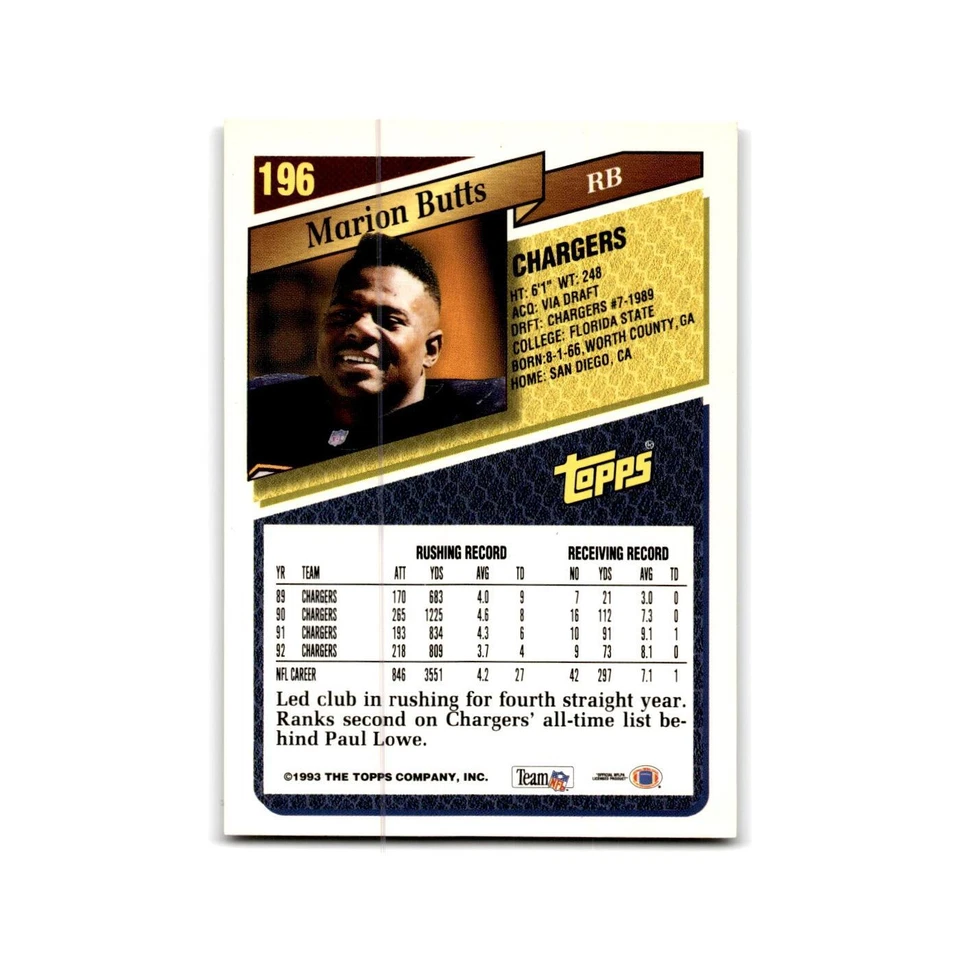 1993 Topps Marion Butts San Diego Chargers #196 - Image 2 of 3