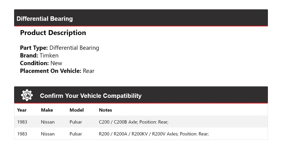 Cojinete diferencial trasero Timken para Nissan Pulsar 1983 Foto 2 de 4
