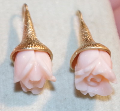 VINTAGE GORGEOUS 14K GF 25CTW ANGEL SKIN CORAL LARGE ROSE DROP DANGLE  EARRINGS