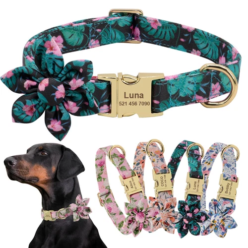 Floral Flower Pet Dog Collar Personalized Name ID Engraved Nameplate Adjustable