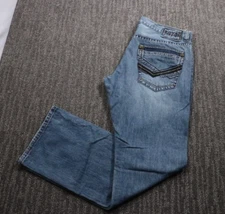 Men Y2K Denim Jeans Bootcut 34x32 Grunge Distress MMA Stitched Pockets Distress