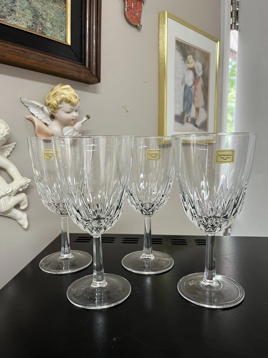 Set 4 Cut Luminarc Crystal Wine Glasses 8 Oz. 6 3/4” Diamonds 2” Hexagon  Stem