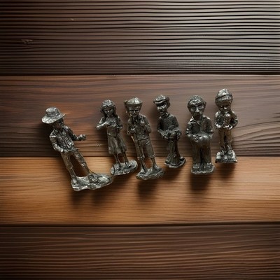 Six Pewter Handcrafted Figurines Approx 4  Doing Various Activities Made In USA