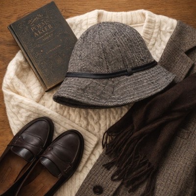 Vtg Coach Wool Herringbone Bucket Hat Leather Trim Gray British‎ Heritage Twee Vtg Coach Wool Herringbone Bucket Hat Leather Trim Gray  main image 3