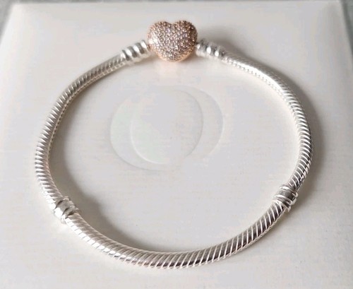 Echt Silber Pandora Moments Charm Armband Rosegold Pave Herz Verschluss 17 cm