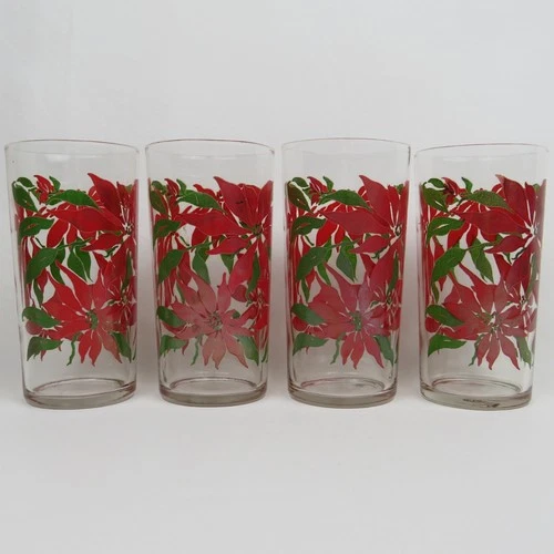 4 Vtg Federal Glass Christmas Poinsettia 10 oz Drinking Glass Tumblers 5" Tall