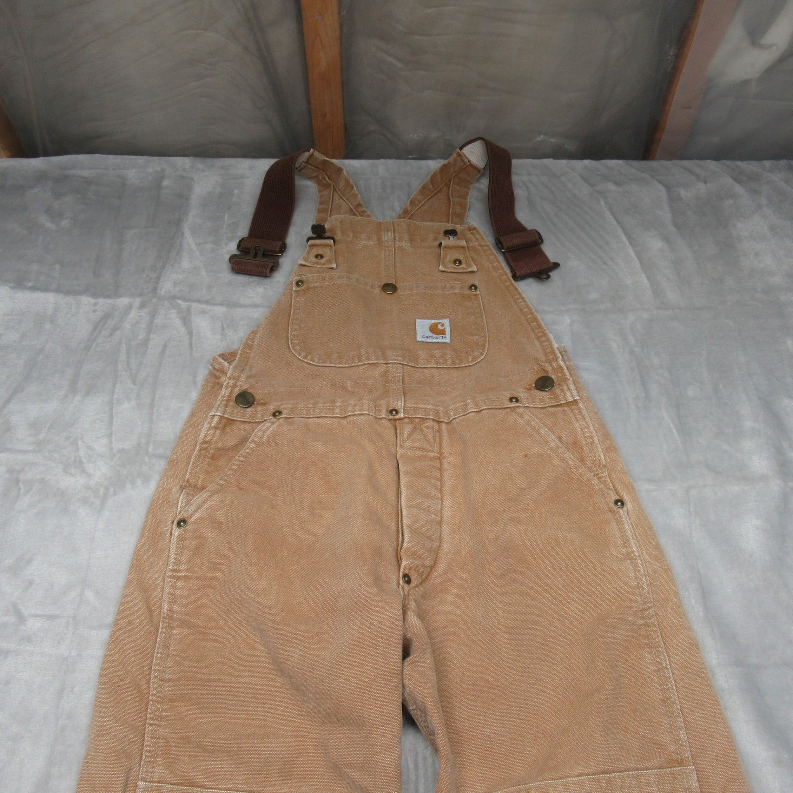 Carhartt Bib Overalls Kids 10-12 Beige Duck Canvas Double Knee Workwear 27x22 thumbnail 3