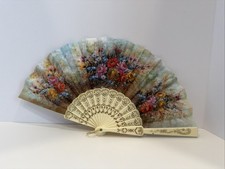 Vintage Spanish Hand Fan Floral Canvas Signed Nuria V S Cream Gold Accents