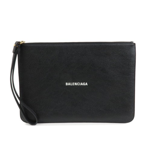 BALENCIAGA Everyday Leather Clutch Bag Flat Pouch Black 655605 Auth Used