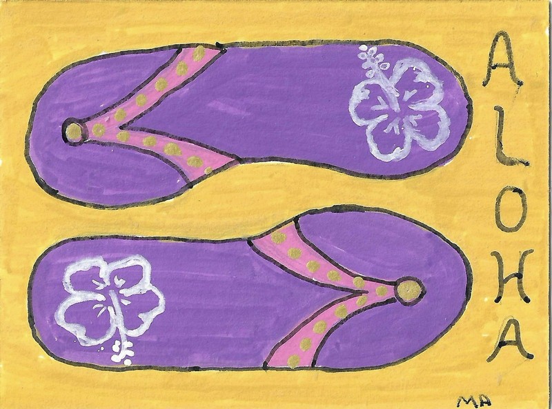 ACEO Original Art, Flip Flops, Summer, Aloha. By Shellysralifeart