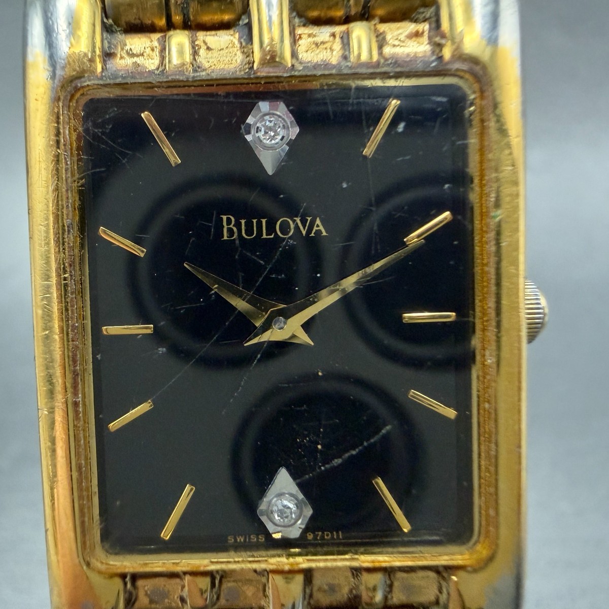 Bulova Tank Watch Men 24mm Black Dial Gold Tone Rectangle 97D11