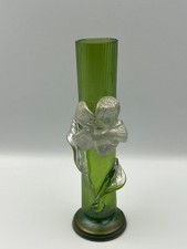 Antique Rare Bohemian Art Nouveau Iridescent Green Glass Bud Vase, Circa 1900.