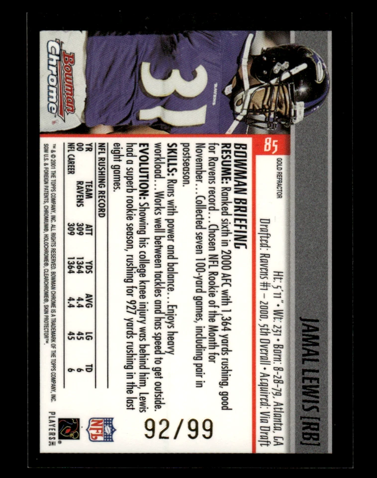 2001 Bowman Chrome Football Jamal Lewis #85 Gold Refractor /99 - Image 2 of 2