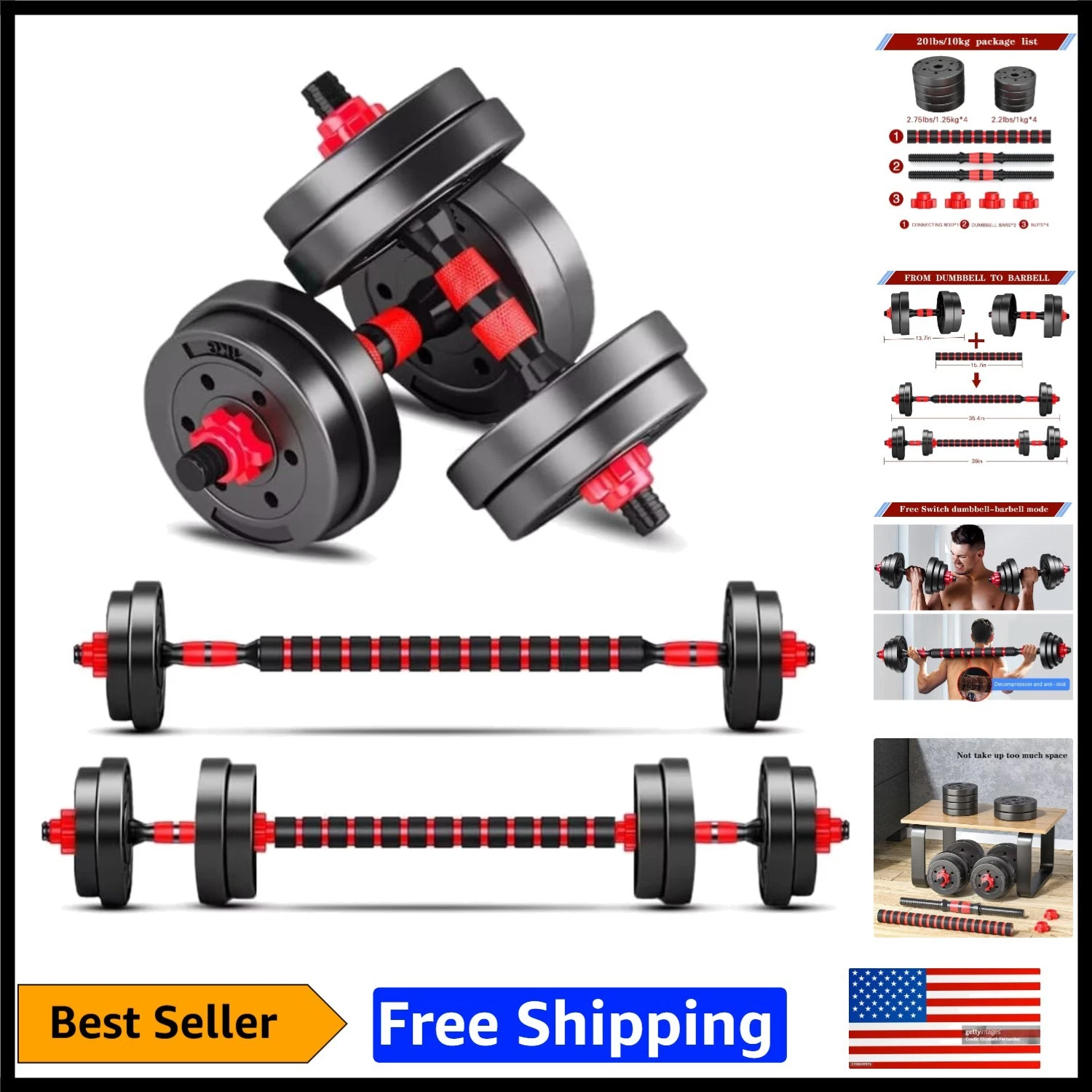 20 lbs Adjustable Free Weights Set - Ergonomic Home Gym Dumbbells for All Levels