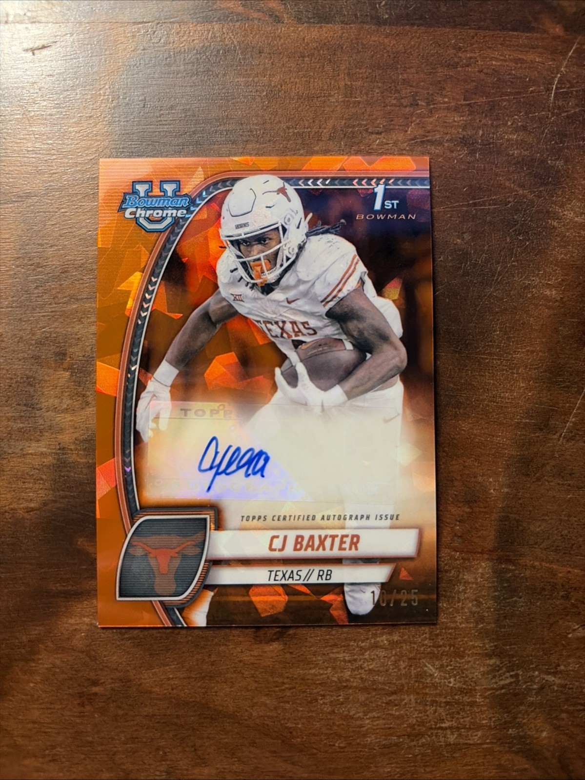 2024 Bowman University Chrome Sapphire CJ Baxter Orange Auto /25 PA-CBA Texas