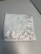 Vtg Quiltex Union USA Made White BABY Blanket Nursery Satin Trim 34 X 36