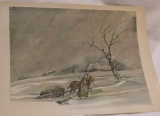ANTIKER DRUCK NACH AQUARELL Fritz Brauner 1942 11.Schneesturm WW2 2.WK EK2