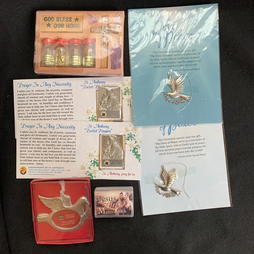 7 lot Patron Saint St Anthony Holy Land Water Cards Dove of Peace Chain/FrameNEW