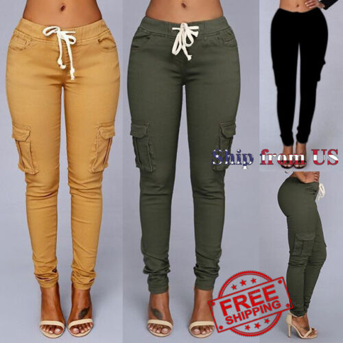 Pantalon de combat de poche décontracté pour femmes taille haute joggeurs pantalon long États-Unis - Photo 1 sur 7