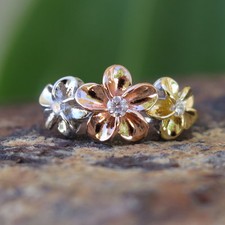 Hawaiian Silver Tricolor Gold 3 Plumeria Flower CZ Wedding Ring Band 10mm SR2077